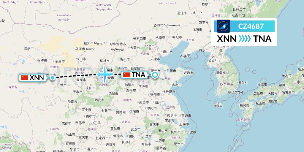 CZ4687 China Southern Airlines Flight Map: Xining to Jinan