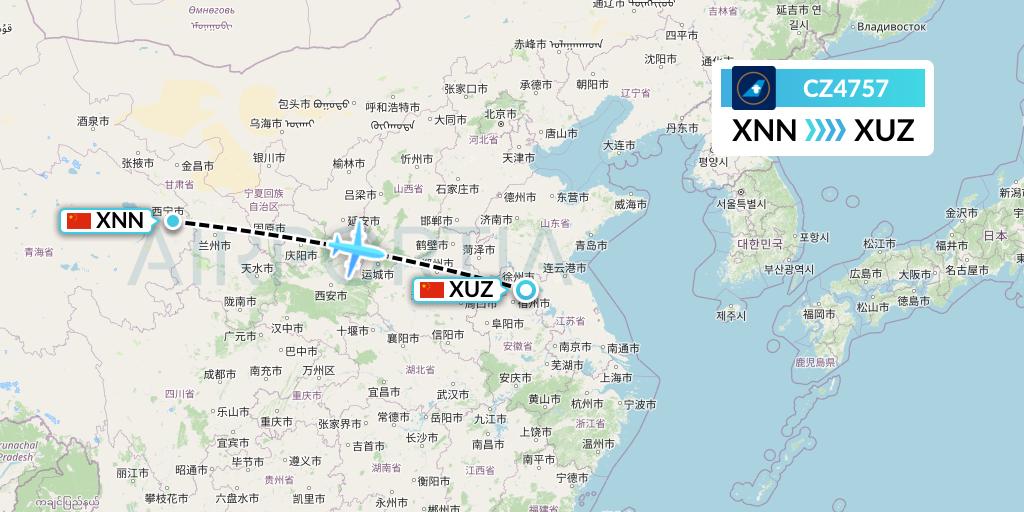 CZ4757 China Southern Airlines Flight Map: Xining to Xuzhou