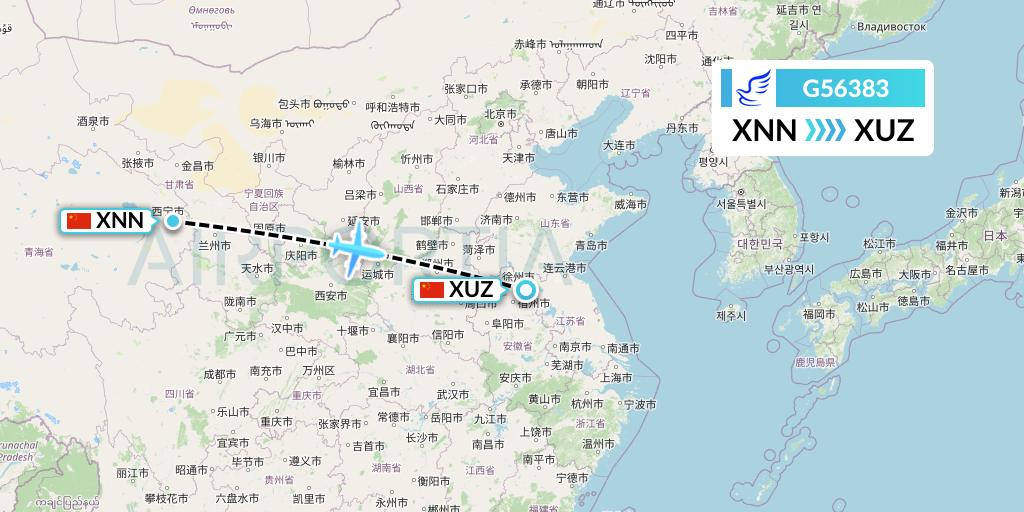 G56383 China Express Airlines Flight Map: Xining to Xuzhou