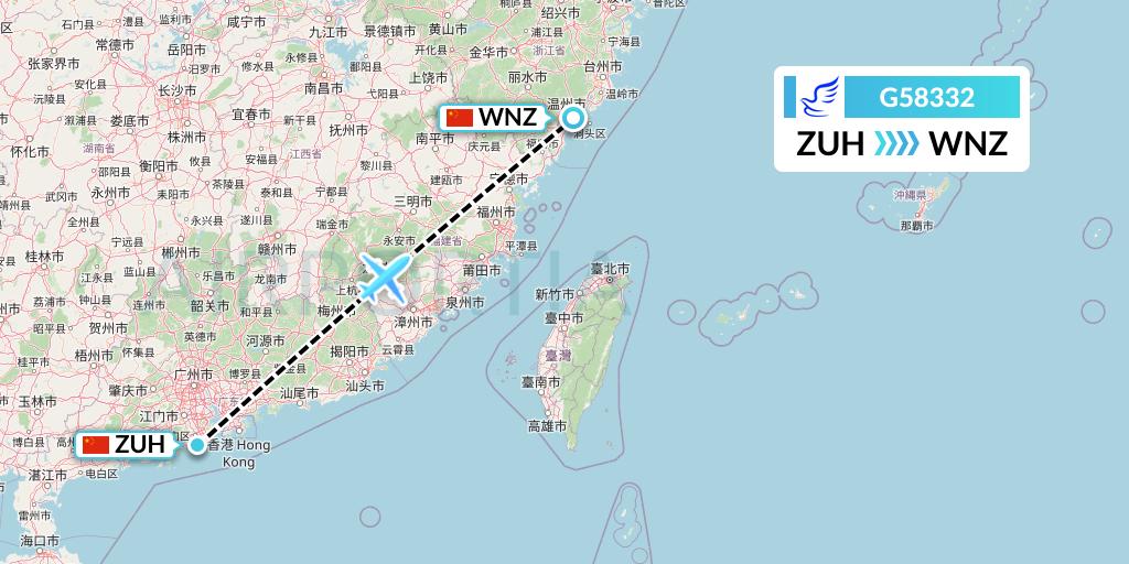 G58332 China Express Airlines Flight Map: Zhuhai to Wenzhou