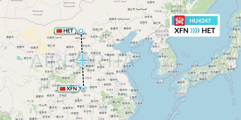 HU4247 Hainan Airlines Flight Map: Xiangyang to Hohhot