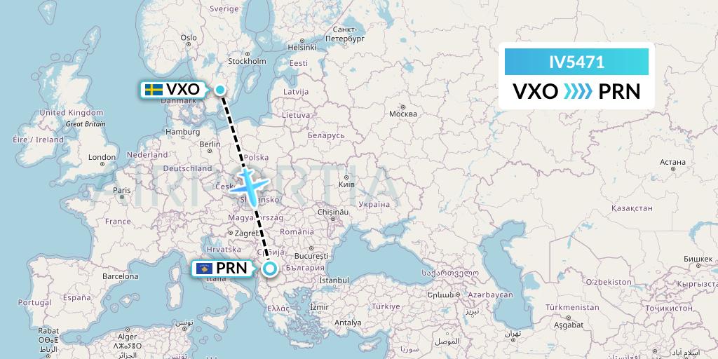 IV5471 VVB Aviation Malta Flight Map: Vaxjo to Pristina