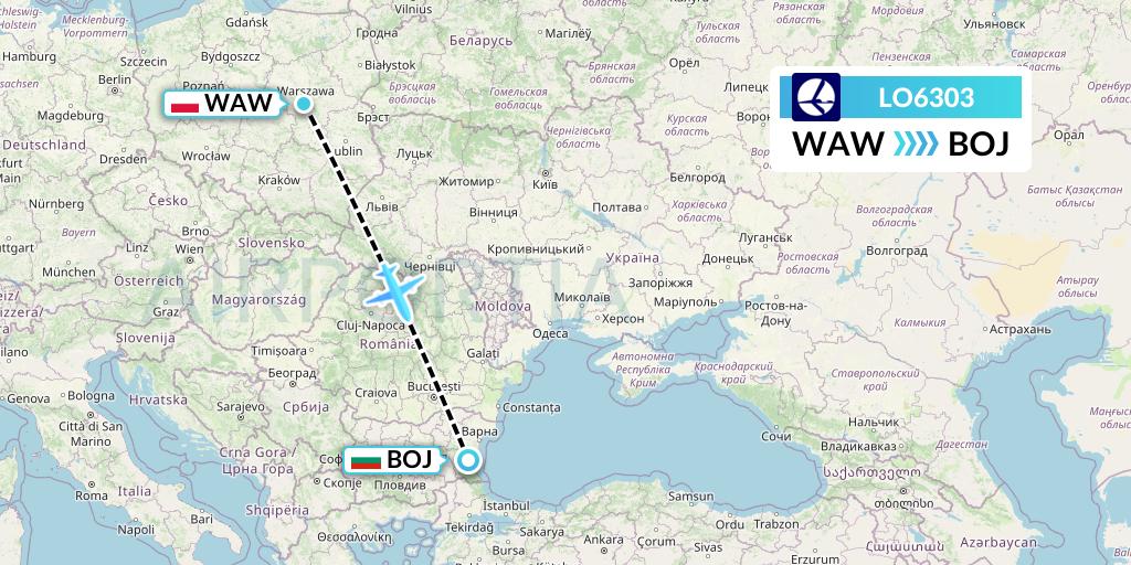 LO6303 LOT Flight Map: Warsaw to Burgas