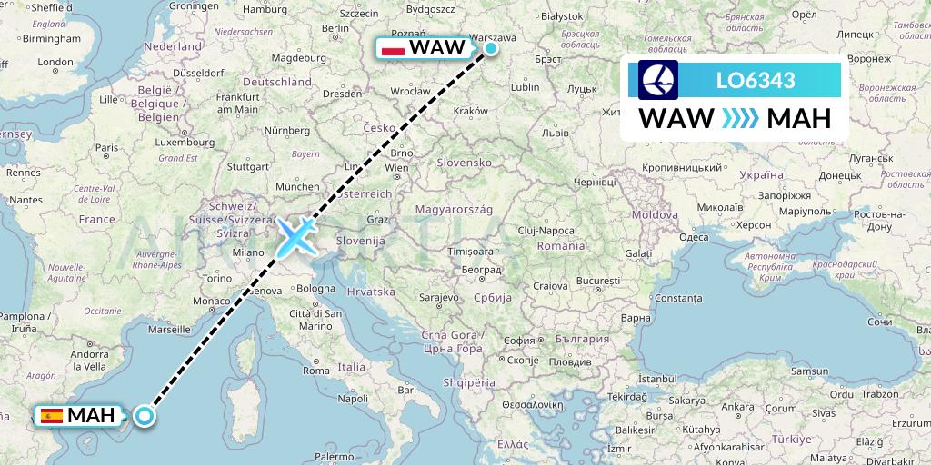 LO6343 LOT Flight Map: Warsaw to Mahon