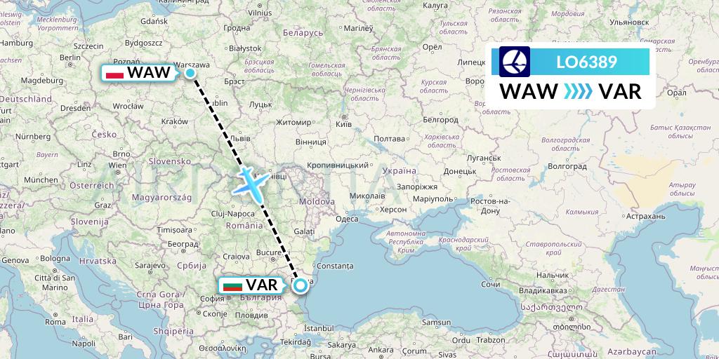 LO6389 LOT Flight Map: Warsaw to Varna