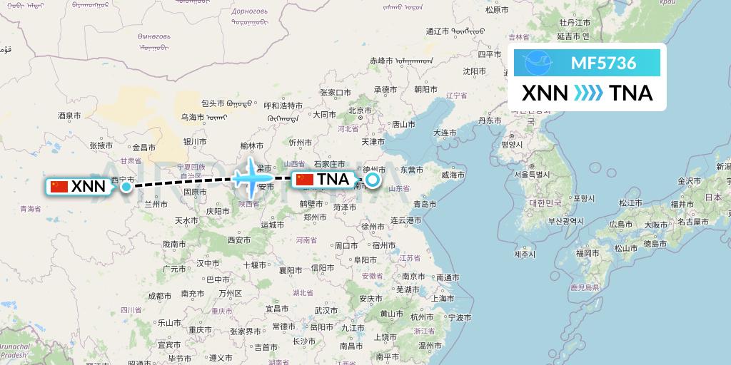MF5736 Xiamen Airlines Flight Map: Xining to Jinan
