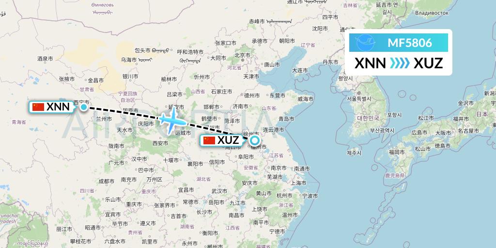 MF5806 Xiamen Airlines Flight Map: Xining to Xuzhou
