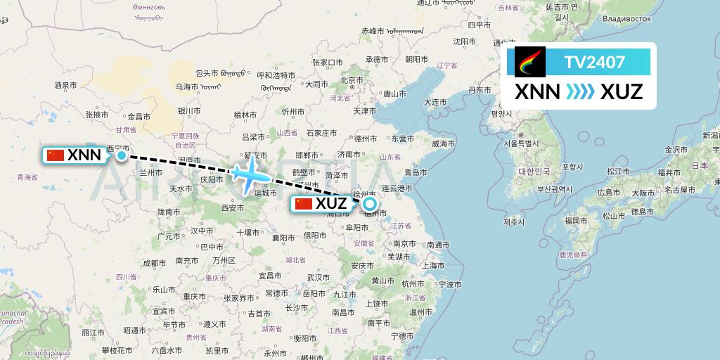 TV2407 Tibet Airlines Flight Map: Xining to Xuzhou