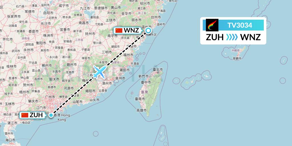 TV3034 Tibet Airlines Flight Map: Zhuhai to Wenzhou