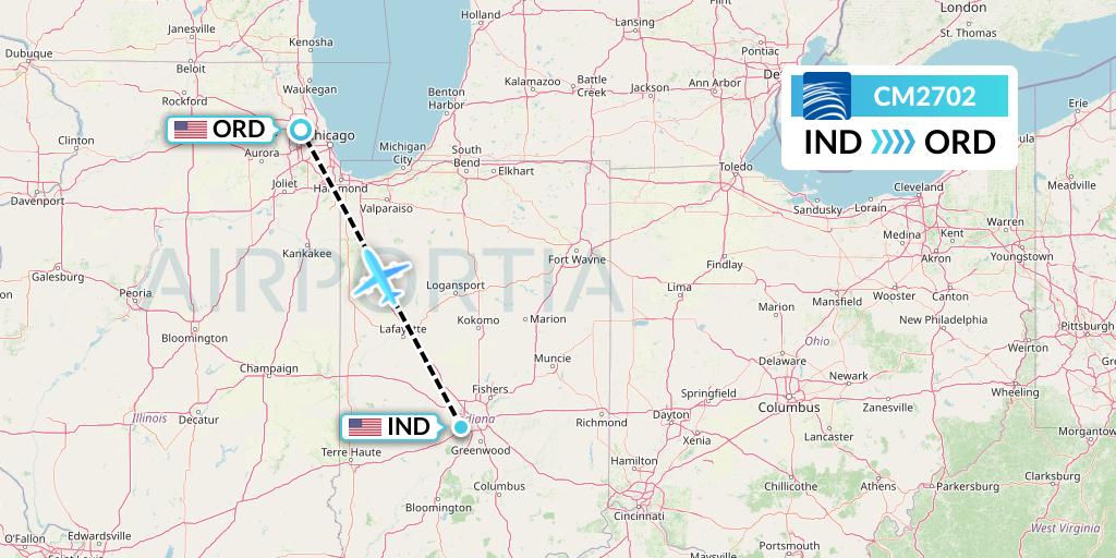 CM2702 Copa Airlines Flight Map: Indianapolis to Chicago