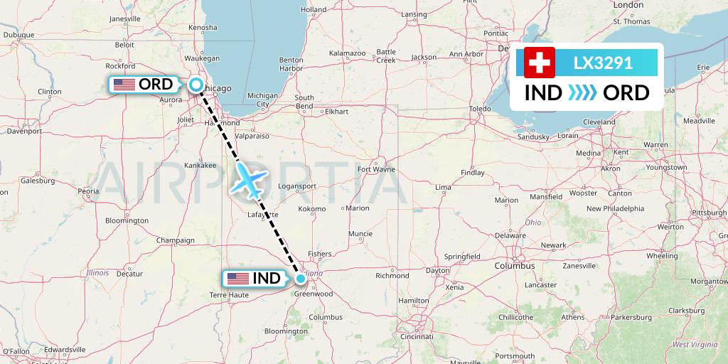 LX3291 Swiss Flight Map: Indianapolis to Chicago