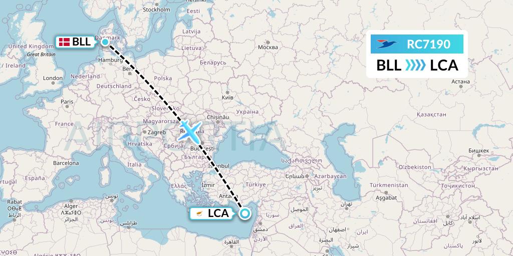 RC7190 Atlantic Airways Flight Map: Billund to Larnaca