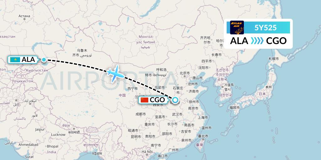 5Y525 Atlas Air Flight Map: Almaty to Zhengzhou