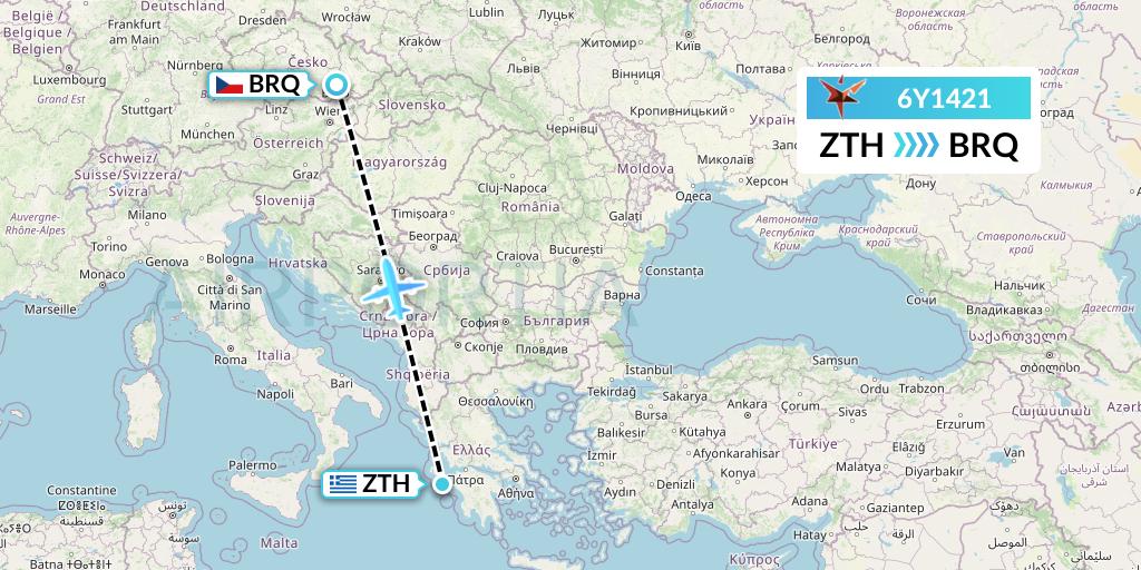 6Y1421 SmartLynx Flight Map: Zakynthos to Brno