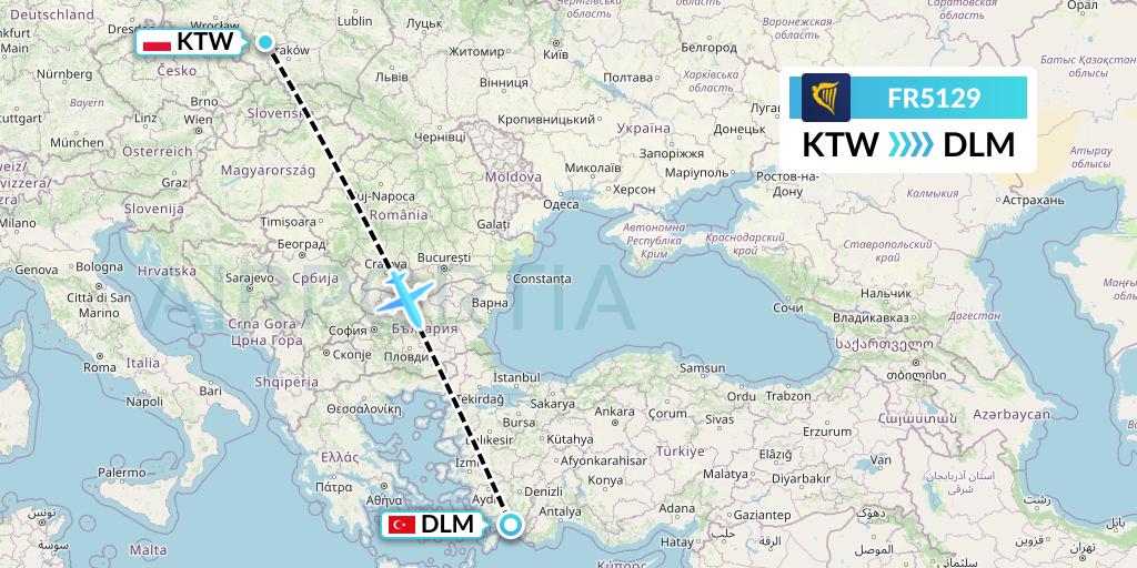 FR5129 Ryanair Flight Map: Katowice to Dalaman