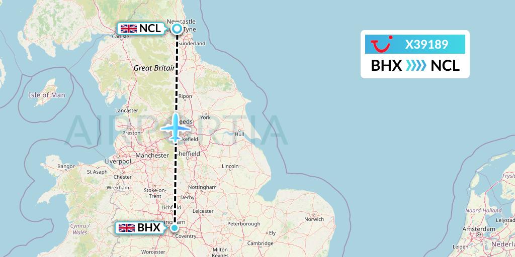 X39189 TUI fly Germany Flight Map: Birmingham to Newcastle