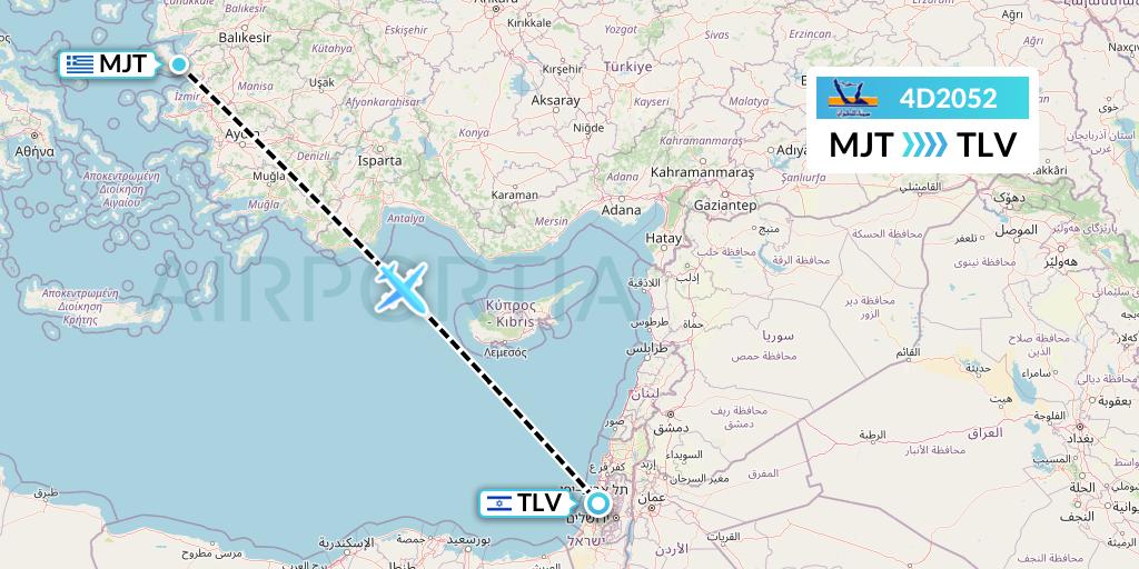 4D2052 Air Sinai Flight Map: Mytilene to Tel Aviv