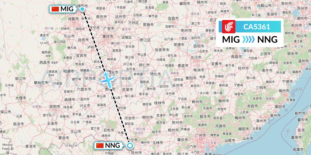 CA5361 Air China Flight Map: Mianyang to Nanning