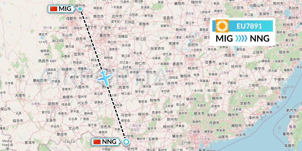 EU7891 Chengdu Airlines Flight Map: Mianyang to Nanning