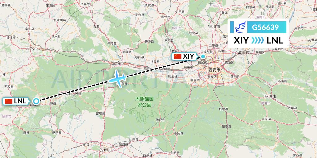 G56639 China Express Airlines Flight Map: Xi'an to Tianshui