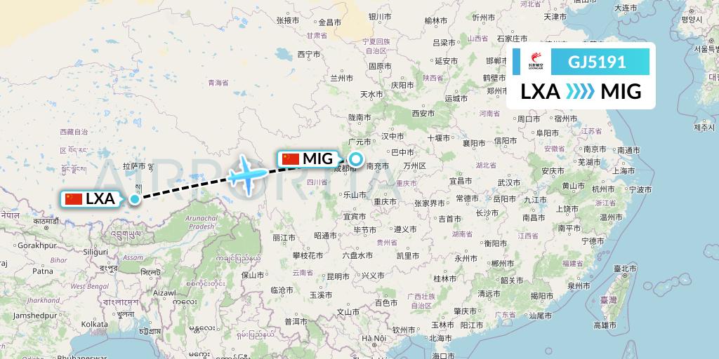 GJ5191 Loong Airlines Flight Map: Lhasa to Mianyang