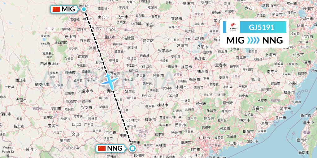GJ5191 Loong Airlines Flight Map: Mianyang to Nanning