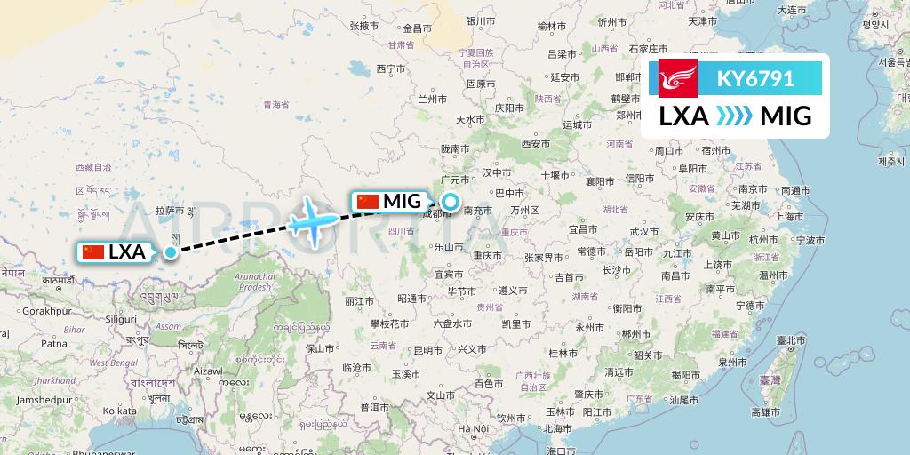 KY6791 Kunming Airlines Flight Map: Lhasa to Mianyang