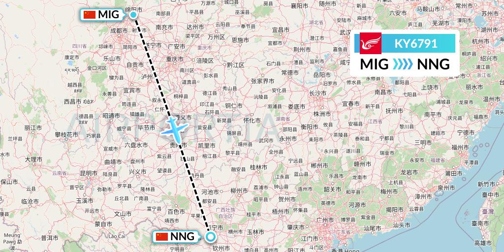 KY6791 Kunming Airlines Flight Map: Mianyang to Nanning