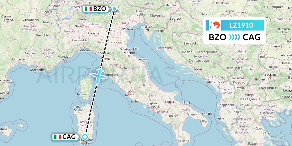 LZ1910 Air Link Flight Map: Bolzano to Cagliari