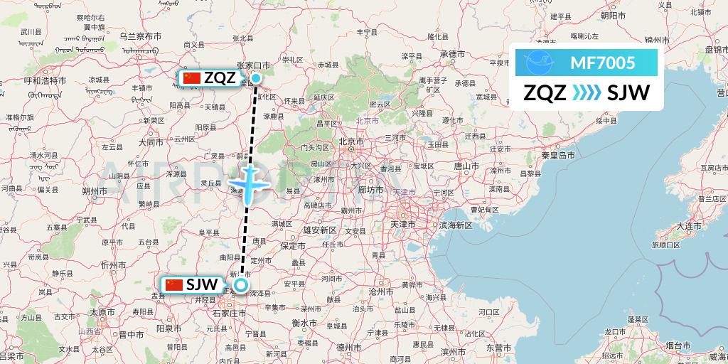 MF7005 Xiamen Airlines Flight Map: Zhangjiakou to Shijiazhuang