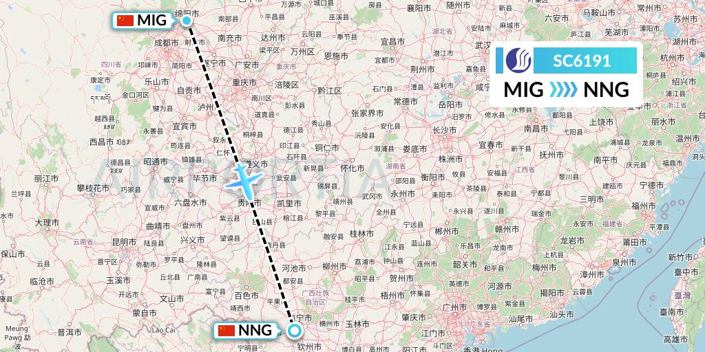 SC6191 Shandong Airlines Flight Map: Mianyang to Nanning