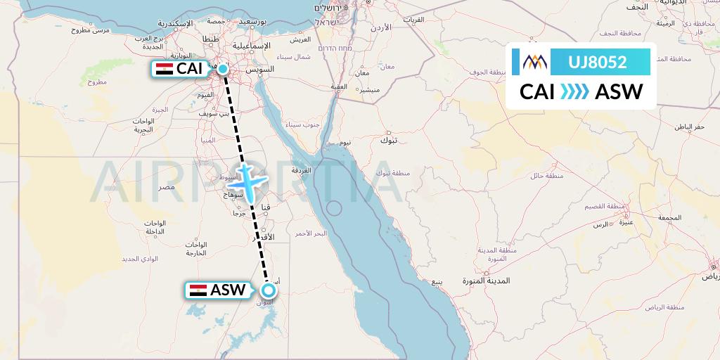 UJ8052 AlMasria Universal Airlines Flight Map: Cairo to Aswan
