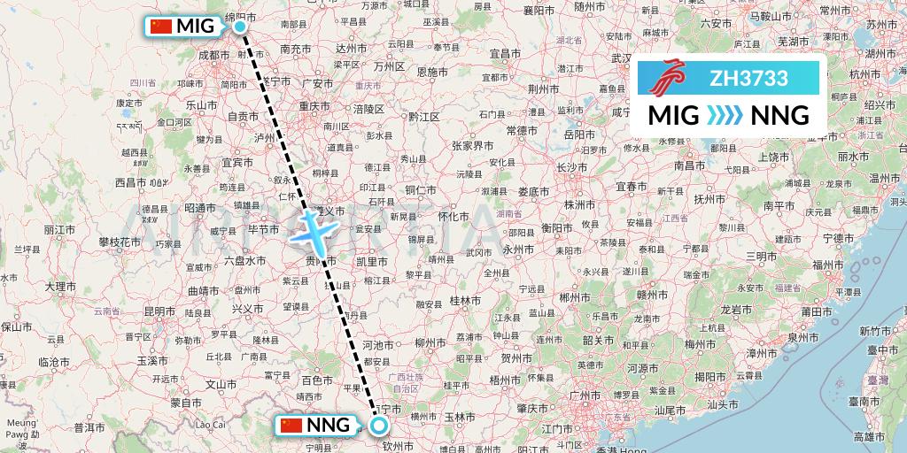 ZH3733 Shenzhen Airlines Flight Map: Mianyang to Nanning