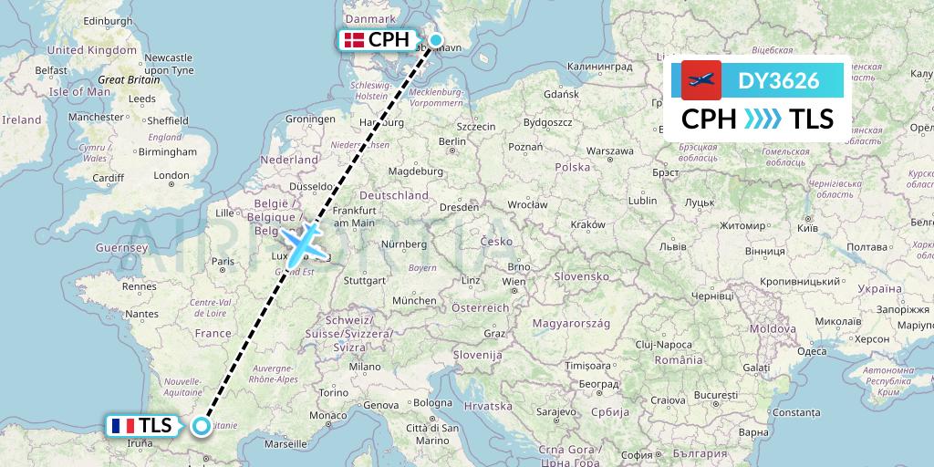 DY3626 Norwegian Flight Map: Copenhagen to Toulouse