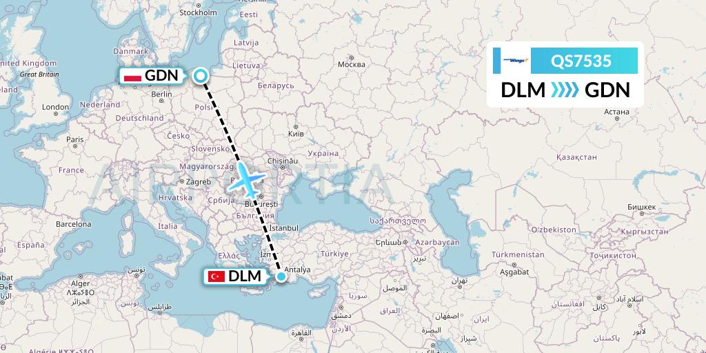 QS7535 Smartwings Flight Map: Dalaman to Gdansk