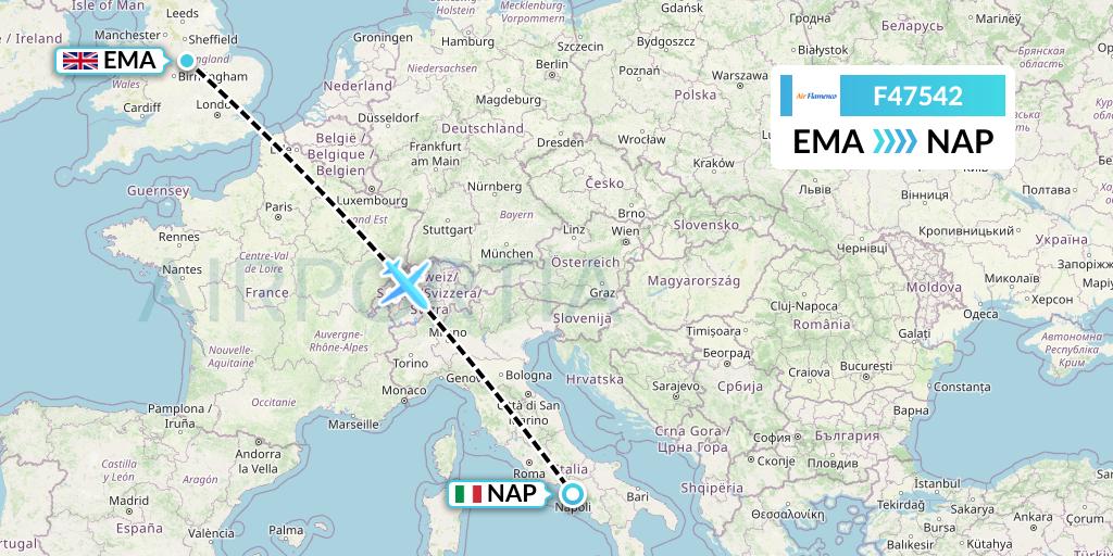 F47542 Air Flamenco Flight Map: East Midlands to Naples