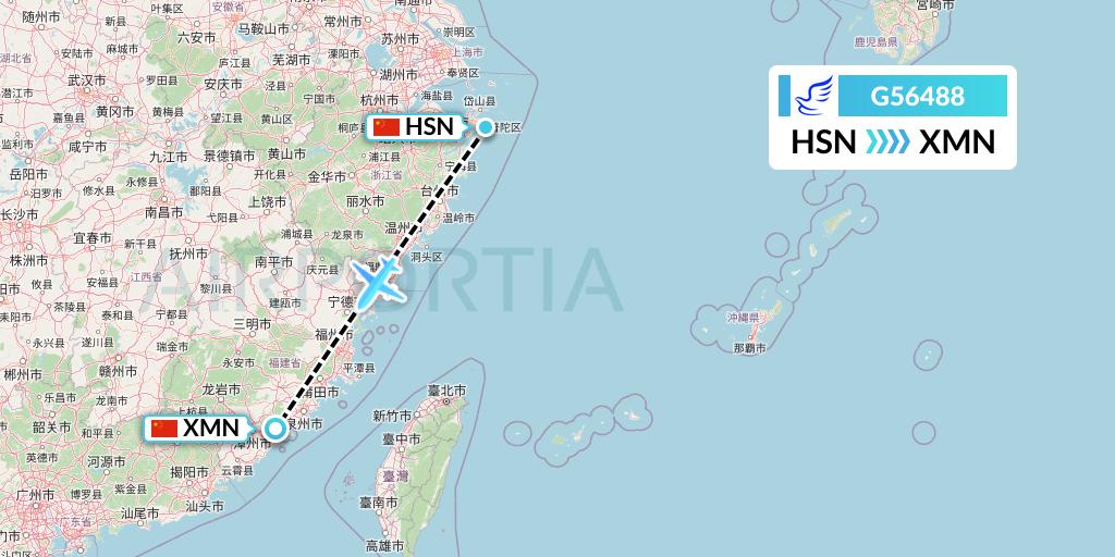 G56488 China Express Airlines Flight Map: Zhoushan to Xiamen