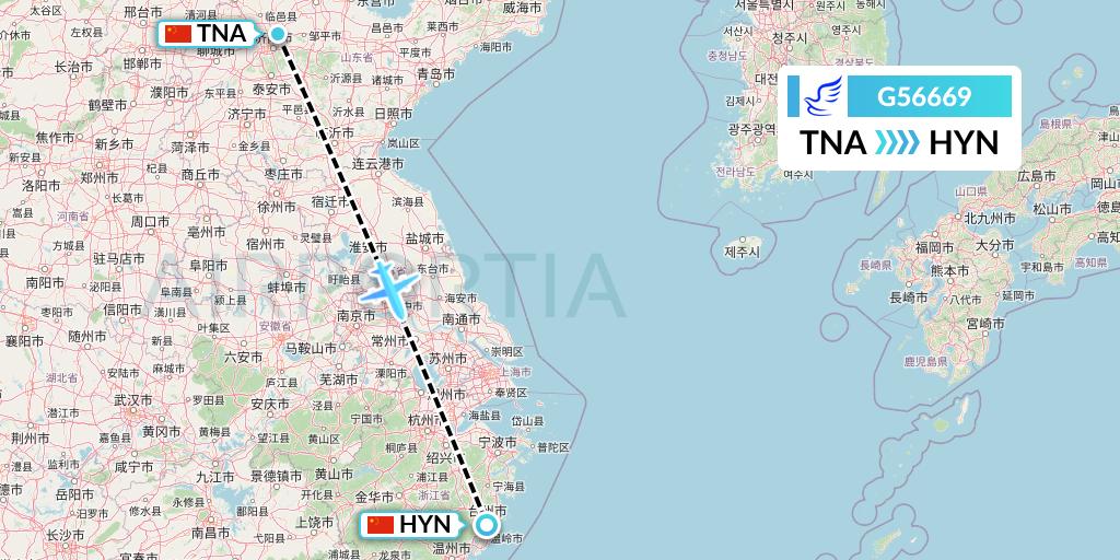 G56669 China Express Airlines Flight Map: Jinan to Huangyan