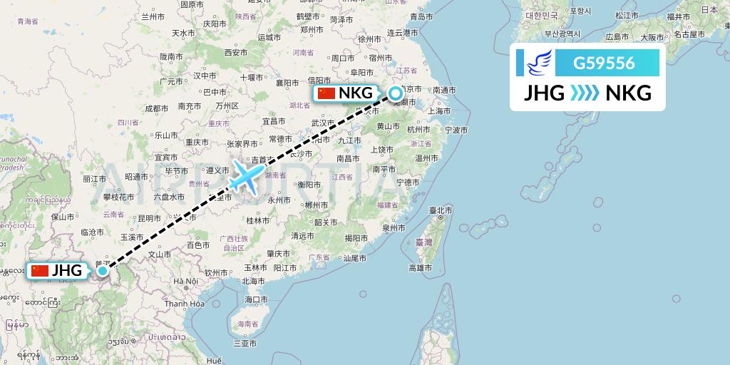 G59556 China Express Airlines Flight Map: Jinghong to Nanjing