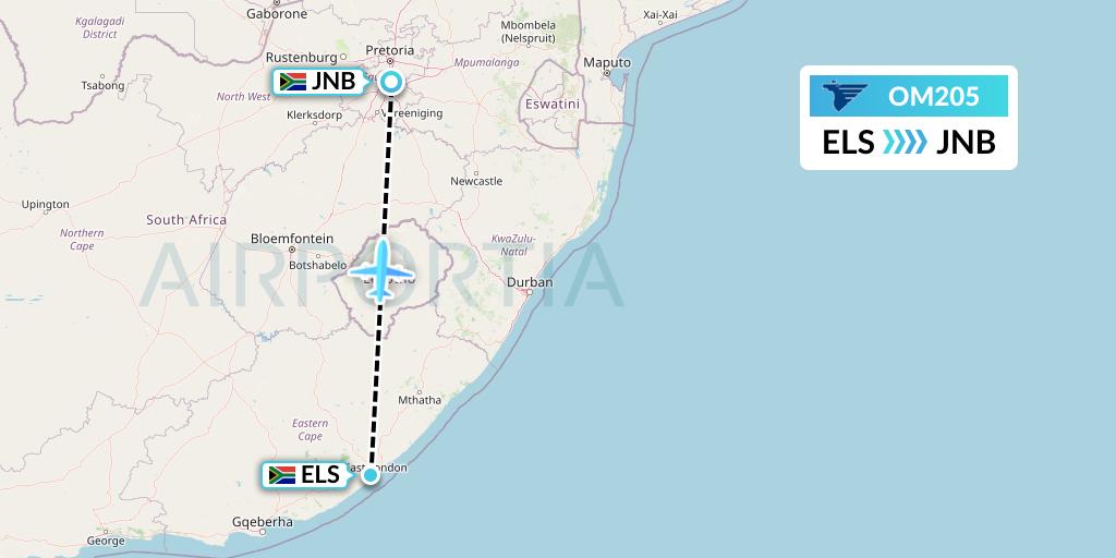 OM205 MIAT Mongolian Airlines Flight Map: East London to Johannesburg