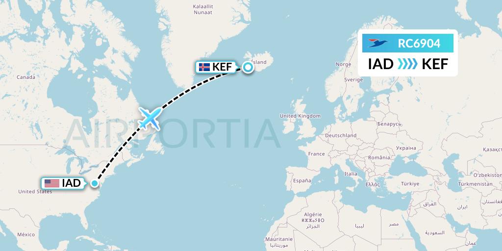 RC6904 Atlantic Airways Flight Map: Washington to Reykjavik