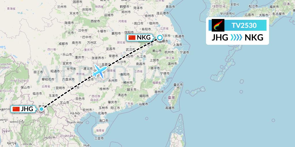 TV2530 Tibet Airlines Flight Map: Jinghong to Nanjing