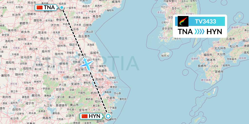 TV3433 Tibet Airlines Flight Map: Jinan to Huangyan