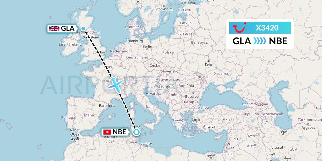 X3420 TUI fly Germany Flight Map: Glasgow to Enfidha