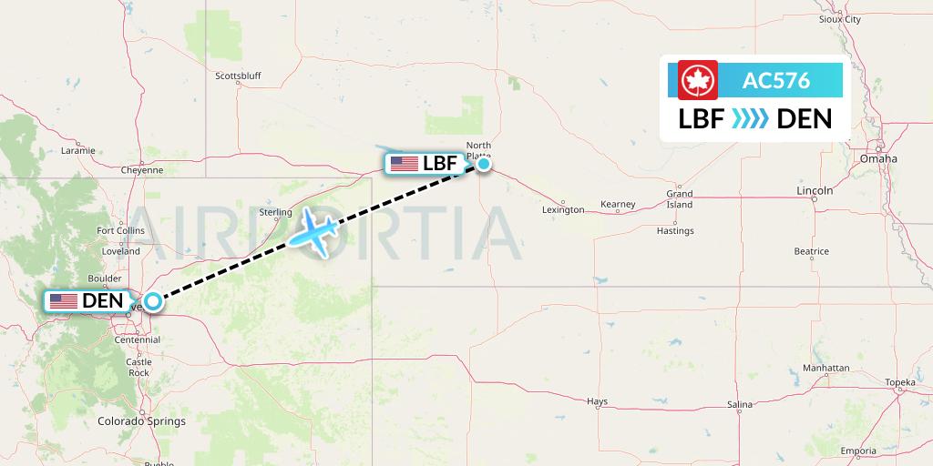 AC576 Air Canada Flight Map: North Platte to Denver