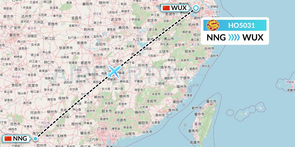 HO5031 Juneyao Airlines Flight Map: Nanning to Wuxi