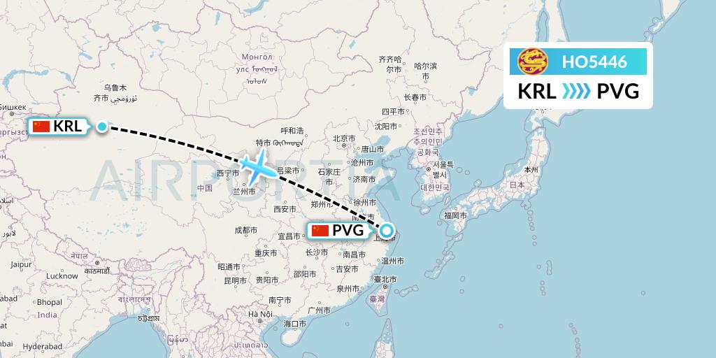 HO5446 Juneyao Airlines Flight Map: Korla to Shanghai