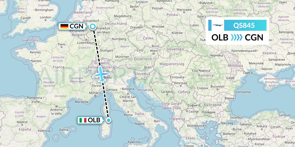 QS845 Smartwings Flight Map: Olbia to Cologne