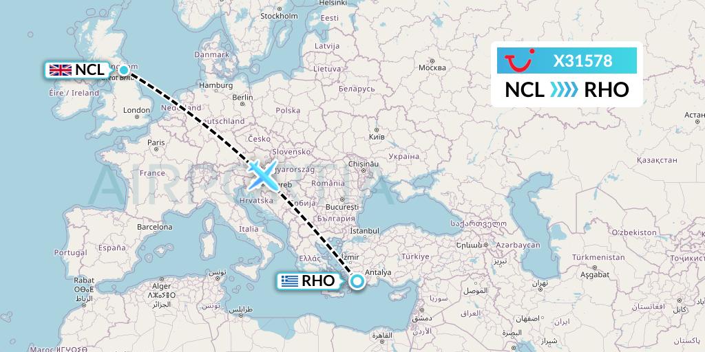 X31578 TUI fly Germany Flight Map: Newcastle to Rhodes