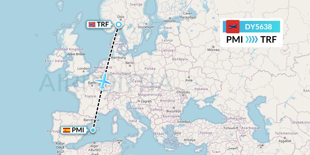 DY5638 Norwegian Flight Map: Palma de Mallorca to Oslo